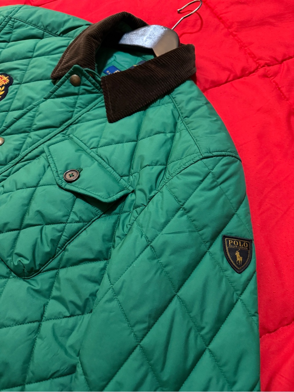 Polo by Ralph Lauren Green Quilted Puffer Jacket with Black Corduroy Collar - Picture 4 of 8